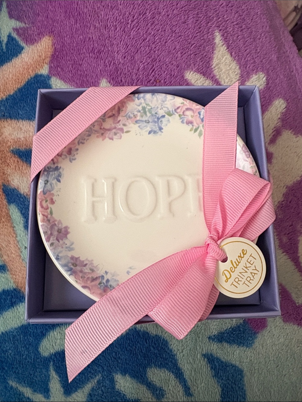NEW-Hope Floral Trinket Tray with Pink Ribbon